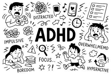 ADHD doodle composition with hyperactive kids, distraction symbols and focus challenges, Transparent Background