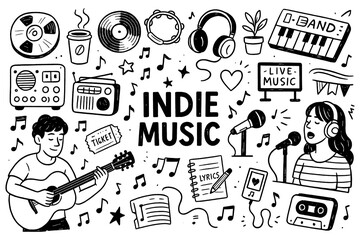 Indie music doodle composition with guitar player, vinyl records, cassette tape and festival elements, Transparent Background