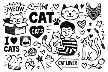 Cute cat doodle composition with kittens, girl holding cats and playful elements, Transparent Background