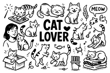 Cute cat doodle composition with kittens, girl holding cats and playful elements, Transparent Background