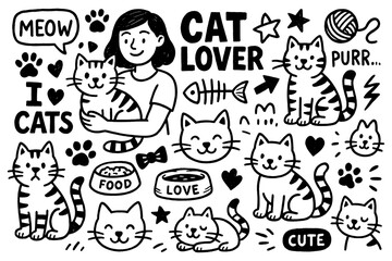 Cute cat doodle composition with kittens, girl holding cats and playful elements, Transparent Background