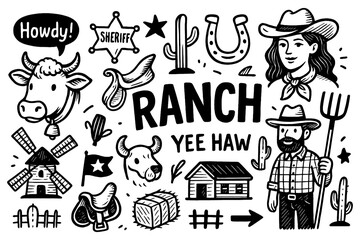ranch doodle composition with cowboy, horse, barn, tractor, and farm animal icons, Transparent Background
