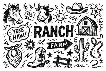 ranch doodle composition with cowboy, horse, barn, tractor, and farm animal icons, Transparent Background