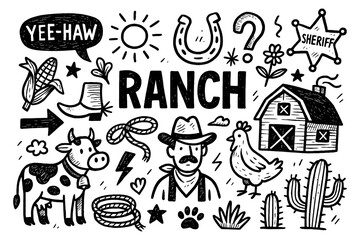 ranch doodle composition with cowboy, horse, barn, tractor, and farm animal icons, Transparent Background