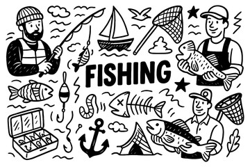 doodle composition of fishing activity with fish, boat, fisherman, and fishing gear icons, Transparent Background