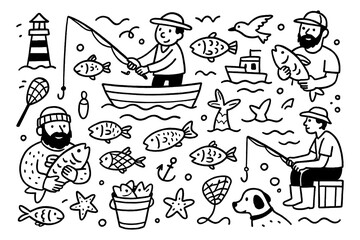 doodle composition of fishing activity with fish, boat, fisherman, and fishing gear icons, Transparent Background