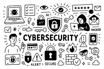 doodle composition of cybersecurity with hacker, firewall, password, and cloud alert icons, Transparent Background