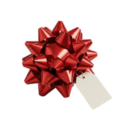 Voluminous, glossy red metallic star gift bow, intricate loops, minimalist off-white tag, isolated on transparent, high-key lighting. Concept for luxury product presentation.