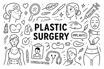 doodle composition with plastic surgery symbols and beauty treatment icons, Transparent Background