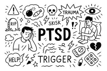 doodle composition with ptsd icons and trauma mental health elements, Transparent Background