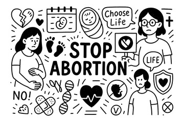 doodle composition with stop abortion icons and pro life campaign elements, Transparent Background