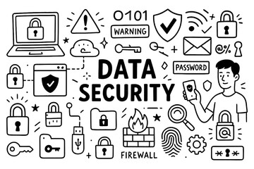 doodle composition with data security icons and online protection elements, Transparent Background