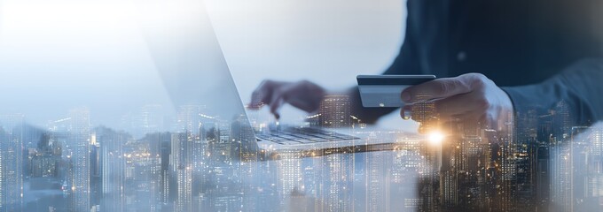 Digital Payment in Urban Nightscape: Credit Card Transaction on Laptop with City Lights