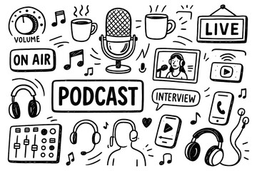 doodle composition with podcast icons and audio broadcasting elements, Transparent Background
