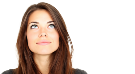 Portrait of a woman looking upward with brown hair and blue eyes isolated on transparent background