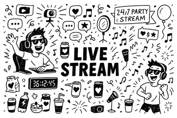 doodle composition with sleep deprived live streamer icons and gaming lifestyle elements, Transparent Background