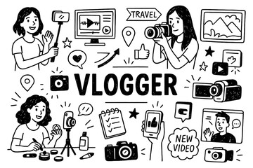 doodle composition with vlogger icons and social media lifestyle elements, Transparent Background