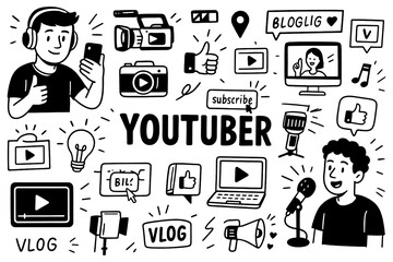doodle composition with youtuber icons and social media content elements, Transparent Background