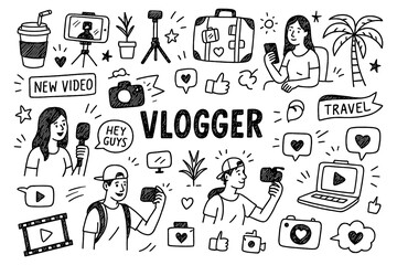 doodle composition with vlogger icons and social media lifestyle elements, Transparent Background
