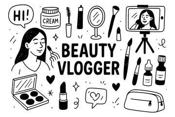 doodle composition with beauty vlogger icons and makeup lifestyle elements, Transparent Background