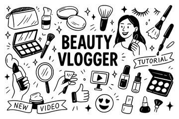 doodle composition with beauty vlogger icons and makeup lifestyle elements, Transparent Background