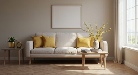 Modern Living Room Interior: Neutral Tones, Yellow Accents, Natural Light.