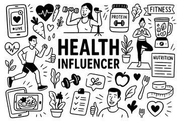 doodle composition with health influencer lifestyle icons and fitness elements, Transparent Background