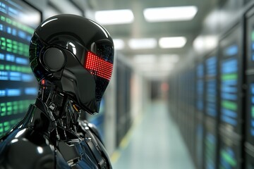 Futuristic robot in server room artificial intelligence and advanced technology
