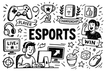doodle composition with esport gaming icons and competitive tournament elements, Transparent Background