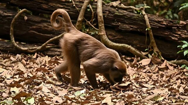 A wild brown muriqui monkey with a curled prehensile tail foraging for food amongst fallen leaves on the forest floor