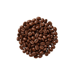 Roasted coffee beans, rich dark brown with detailed texture and central groove, artfully clustered on a minimalist small white ceramic plate, top-down on transparent background, clean commercial
