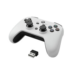 Sleek, modern white wireless game controller with black accents and USB dongle, angled on a transparent background with no shadows, concept for professional gaming accessory promotion