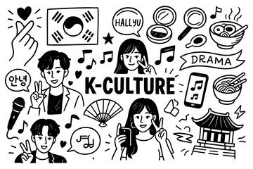 doodle composition with korean culture icons including k pop fashion and drama elements, Transparent Background