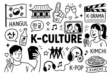 doodle composition with korean culture icons including k pop fashion and drama elements, Transparent Background