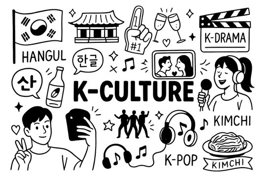 doodle composition with korean culture icons including k pop fashion and drama elements, Transparent Background