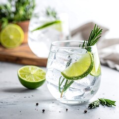 Refreshing Gin and Tonic with Lime and Rosemary.