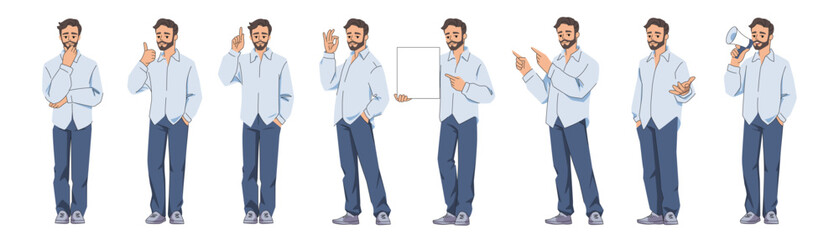 Fototapeta premium Business man. Casual young male businessman. Happy standing or pointing in shirt, jeans clothes. Face emotion expressions or gestures. Employee showing placard. Vector cartoon poses set