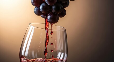 A glass of red wine with a cluster of grapes hanging over the rim.