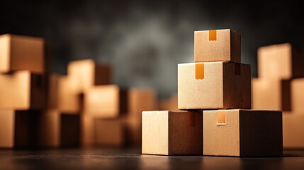 Obraz premium A collection of stacked cardboard boxes with a blurred background, suggesting themes of shipping, storage, or logistics.