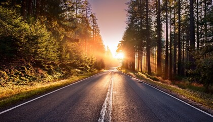 Obraz premium scenic forest road at sunrise leading to bright light perfect for travel and adventure posters