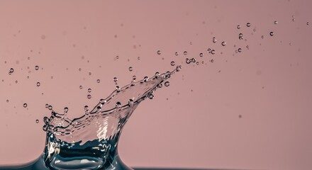 Splash of water with droplets and ripples on a soft pink background creating a dynamic and refreshing visual effect