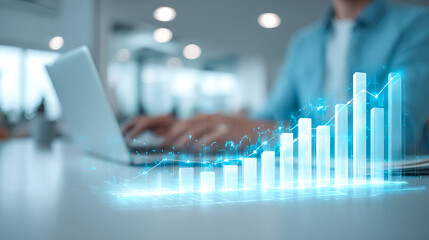 Person using a laptop with a bright blue digital bar graph indicating financial progress and success