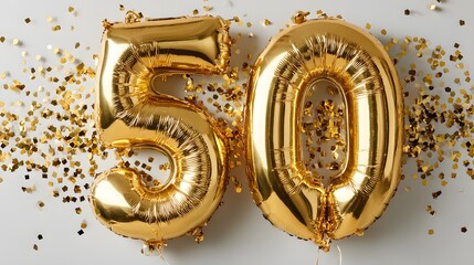 Obraz premium Large, shiny gold foil balloons forming number 50, floating in front of clean white background with golden confetti, perfect for celebrations.