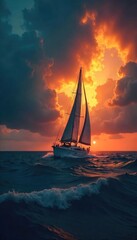 A lone sailboat navigates stormy seas, a beacon of hope visible on the horizon, symbolizing rescue and salvation from adversity , bright, peril, peace