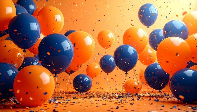 a product photograph of very large number of balloons and some confetti floating in air, on a light orange background. The balloons and confetti are orange and dark blue in color.