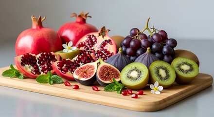 Vibrant assortment of fresh fruits pomegranates figs kiwis grapes delicious healthy food photography.