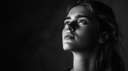 Expressive chiaroscuro portrait featuring dramatic interplay of light and shadow, deep moody tones, and powerful emotional storytelling in a classic fine art aesthetic