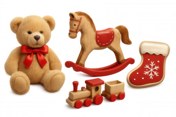 Christmas toys for children, teddy bear, rocking horse, wooden train, and stocking cookie on transparent background