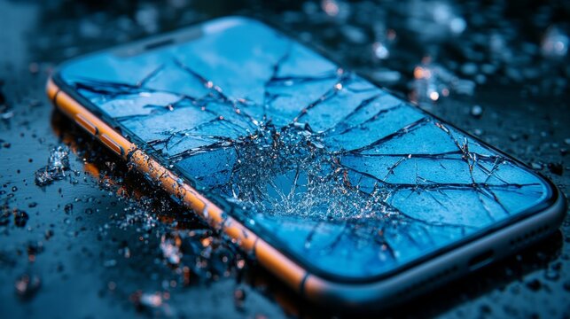 A broken smartphone on a reflective surface reveals intricate cracks and water splashes, highlighting its fragility