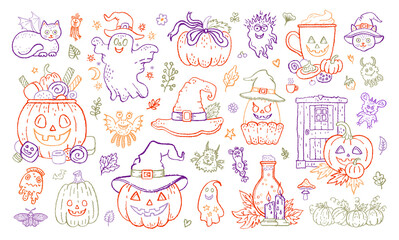 Crayon pencil Halloween vector. Sketch doodle monster pumpkin, ghost, witch hat, cat icon. Cute kid Halloween illustration. Spooky horror set. Chalk pencil sticker bg. Vintage crayon drawing pattern